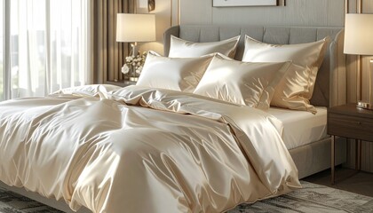 Luxurious Golden Silk Bedding in an Elegant Bedroom Setting.