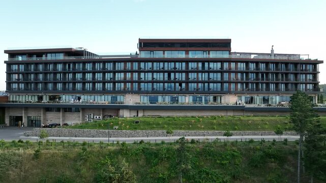 Sighnaghi, Georgia - July 15 2025: Aerial view of modern hilltop hotel Bodbe. Complex with Pool Terrace Overlooking Lush Green Valleys and Distant Horizon over Sighnaghi city