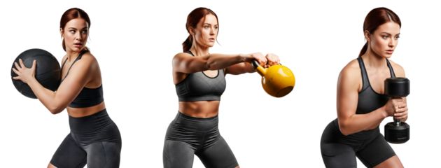 Fitness woman strength training with kettlebell, dumbbell and medicine ball set, fitness woman strength training, strength training woman, Isolated on transparent background, png