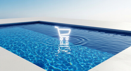 A shopping cart icon glows underwater in a pristine pool, symbolizing online shopping trends and the convenience of ecommerce in a serene setting
