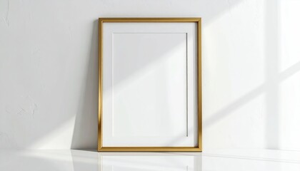 Minimalist Golden Picture Frame Mockup on White Wall with Sunlight Shadows.