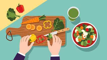 Healthy eating fresh vegetables being chopped on a wooden board for a nutritious meal
