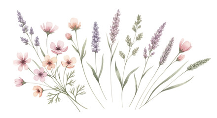 Delicate watercolor illustration of wildflowers and grasses in soft pastel hues isolated on white background