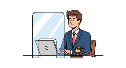 A fair-skinned male journalist sitting at a desk with a laptop and gavel in a simple office setting.