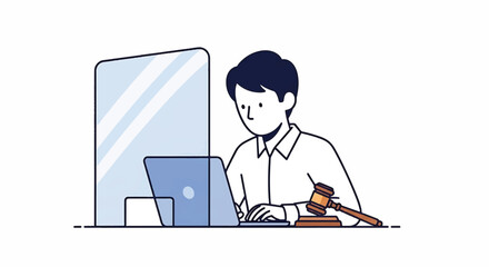 A young journalist working on a laptop with a gavel and legal documents in a simple, flat illustration style with a clean white background.