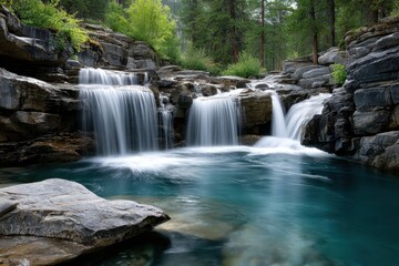 Fototapeta premium Tranquil Waterfall Cascading into a Clear Turquoise Pool