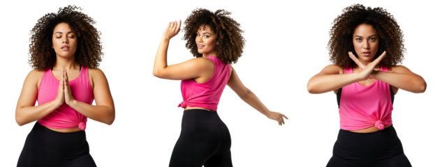 Fitness woman in pink tank yoga prayer, dance move and stop gesture set, fitness woman yoga, dance woman, Isolated on transparent background, png