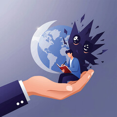 Illustration of a businessman reading a book while sitting on a giant hand, with a globe and various emotive faces emerging from the background in a