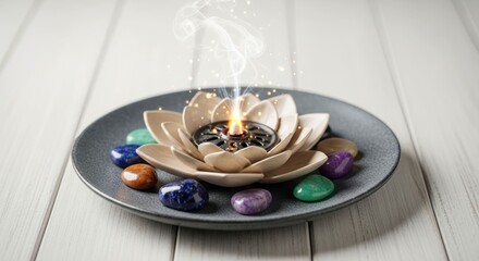 Incense burns in lotus bowl with stones on white wood