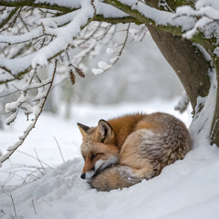 A peaceful fox curled up beneath a tree in the snow, radiating warmth