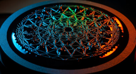 Abstract image of cymatics pattern in vibrant blue and orange hues, showcasing the visual representation of sound waves on a liquid surface within a circular frame