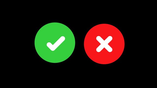 Green check mark, red cross mark Animation. yes or no checkmark icons in green tick box and red cross.	