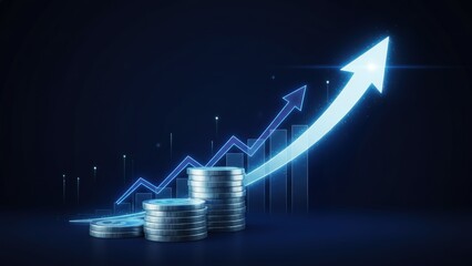 Stack coins with glowing blue bar graph and upward arrow showing growth, pricing analysis, market strategy