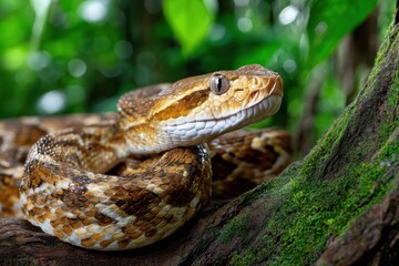 Closeup of Ferdelance Pit Viper on Mossy Branch
