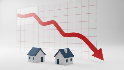 Two small houses before red arrow downward on grid chart, pricing analysis, market strategy