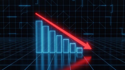 Neon blue holographic bars with red downward arrow showing decline, pricing analysis, market strategy