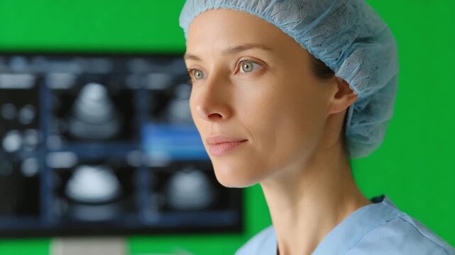 Medical Professional's Vision: A focused medical professional gazes with determination, embodying expertise and precision. The backdrop subtly showcases medical imagery, underscoring dedication.