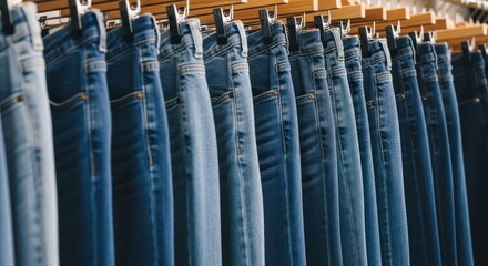Jeans hang in a row, blue denim, on a wooden rack