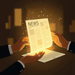 A journalist's hands in business attire hold a glowing newspaper over a tablet on a desk in a dimly lit room with a dark background.