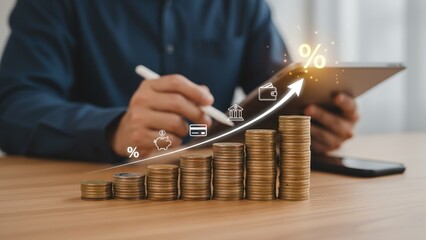 Man holding stylus and tablet with stacked coins and glowing percentage and finance icons rising on desk curve pricing analysis, market strategy