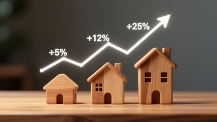 Small wooden houses with white rising line graph showing real estate growth pricing analysis, market strategy