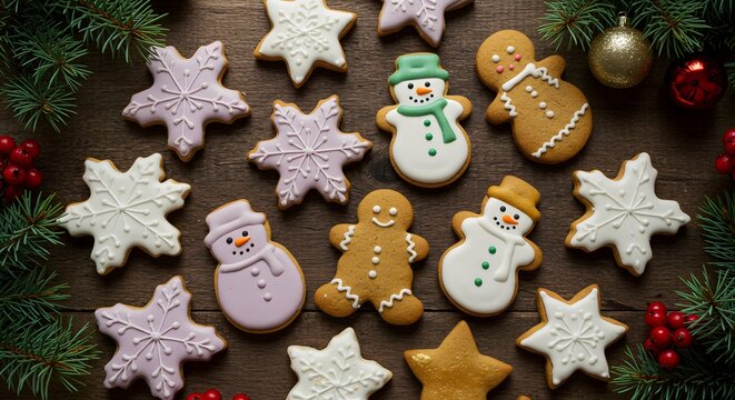 Festive christmas cookies gingerbread men snowmen and star shapes