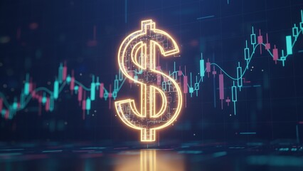 Neon dollar symbol over candlestick charts on dark background showing futuristic pricing analysis, market strategy