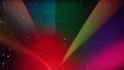 Vintage abstract rainbow light rays background with film grain, dust, and scratches. Vibrant colorful gradient texture, ideal for retro designs, cinematic overlays, and artistic projects.
