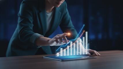 Professional woman touching holographic bar charts with glowing blue and orange lines arrow, pricing analysis, market strategy