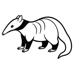 Stylized black and white illustration of a tamandua anteater with a long snout and bushy tail