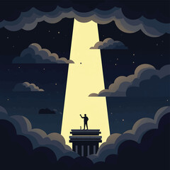 A silhouette of a journalist standing on a building, waving towards a bright spotlight shining through clouds in a nighttime scene.