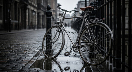 A vintage bicycle is parked on a wet cobblestone street in a european city, the rain reflecting the buildings and creating a moody, atmospheric scene