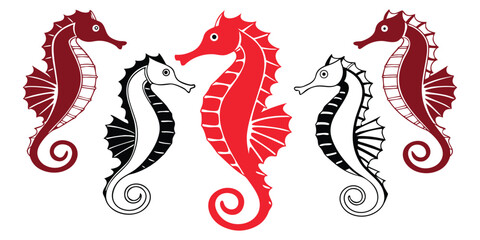 Five stylized seahorses in red and black and white against a white background