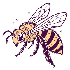Stylized illustration of a honey bee with striped abdomen and translucent wings in flight