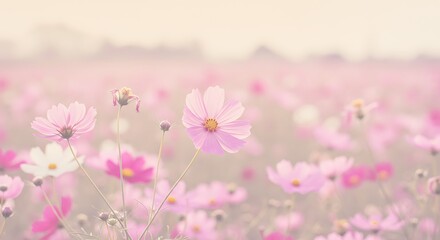 Field of pink flowers with soft focus and pastel colors daytime scene
