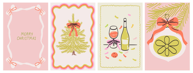 Retro vintage Christmas banner collection in pencil colorful drawing style. Cute poster or placard print set. Christmas or new year celebration with wine and fir tree. Greeting card or invitations.
