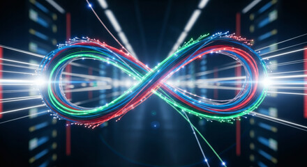 Vibrant fiber optic infinity loop symbolizing continuous data exchange, advanced network capabilities, and the boundless potential of modern digital infrastructure and communication