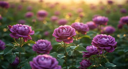 Field of purple roses in full bloom with soft sunlight background