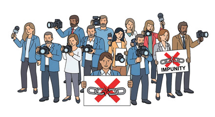 A diverse group of journalists holding cameras and signs with a press freedom message in a colorful illustration.
