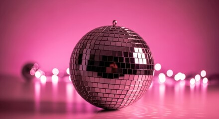 Obraz premium Mirrored ball sparkles against a pink bokeh background