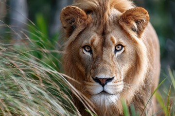 Obraz premium Majestic Lion Gazing Through Tall Grass