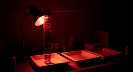 A darkroom illuminated by a red safelight, revealing developing trays and film hanging to dry, creating a nostalgic atmosphere for photographic processing