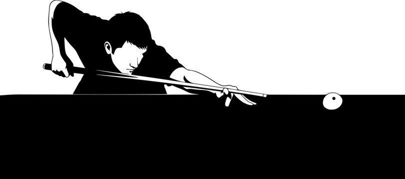 Billiards silhouette. This image shows a silhouette of a billiards player aiming with a cue stick at a billiard ball on a table. Vector clipart illustration design