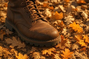 Close-up on a walking boot stepping on a crunchy carpet of mixed oak and maple leaves.