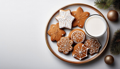 A top view of a plate with gingerbread cookies and a glass of milk, set for Santa, on white background with copy space.