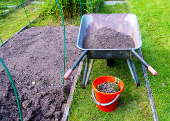 A hand wheelbarrow filled with soil and a red bucket in a garden