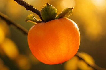Macro of a ripe orange persimmon on the branch with green calyx still attached.