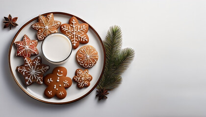 A top view of a plate with gingerbread cookies and a glass of milk, set for Santa, on white background with copy space.