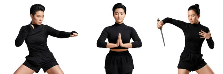 Martial arts woman training poses with punch, meditation and dagger practice, martial arts woman, kungfu woman, Isolated on transparent background, png