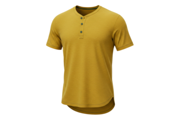 Isolated mens mustard color henley shirt, casual short sleeve tee for everyday wear apparel